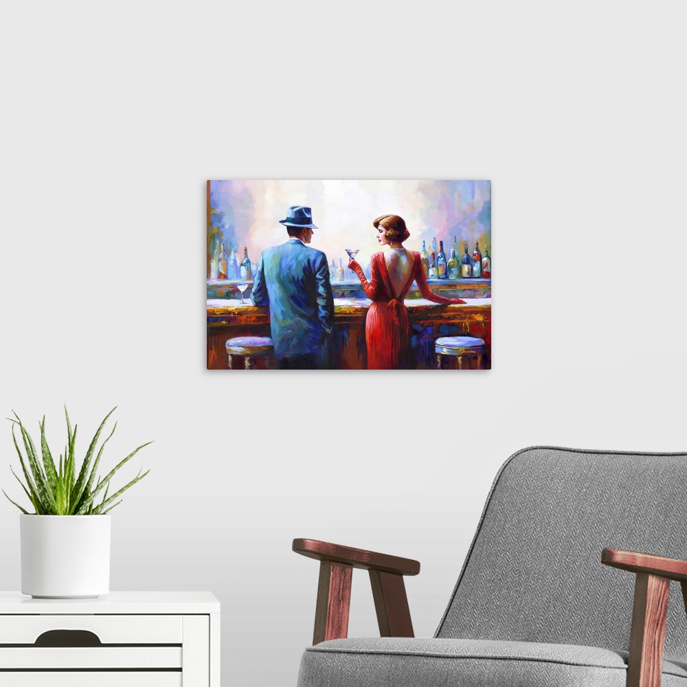 A modern room featuring This contemporary artwork offers a glimpse into an intimate moment at a bar, where figures dresse...