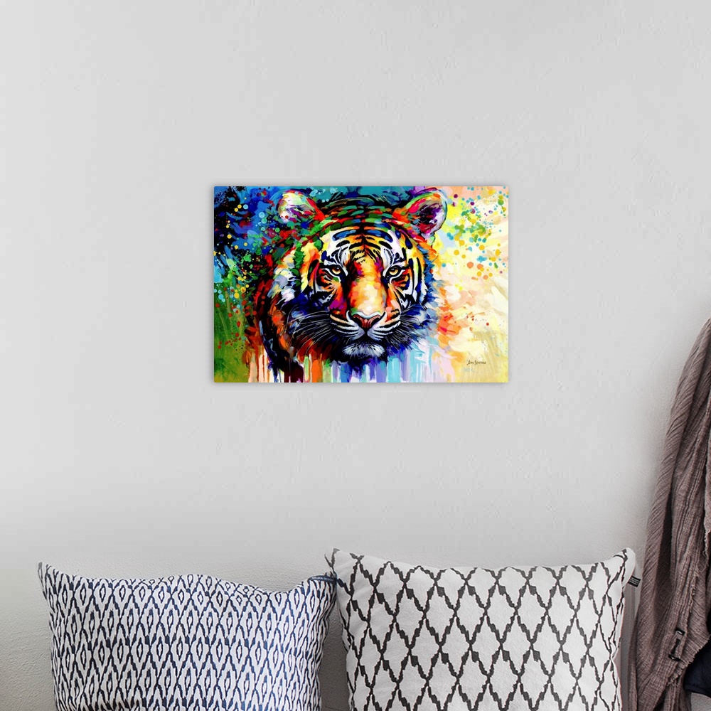 A bohemian room featuring This modern portrait captures the fierce beauty of a tiger, set against a backdrop of abstract co...