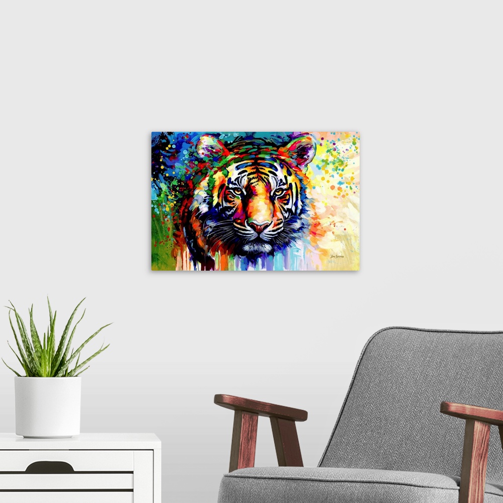 A modern room featuring This modern portrait captures the fierce beauty of a tiger, set against a backdrop of abstract co...