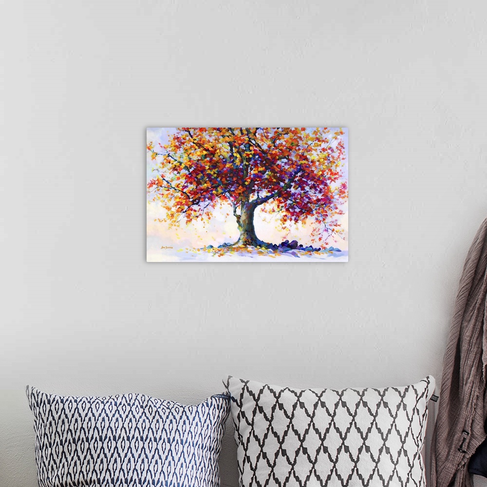 A bohemian room featuring This contemporary landscape brings to life a majestic tree in full autumnal bloom. Its branches a...