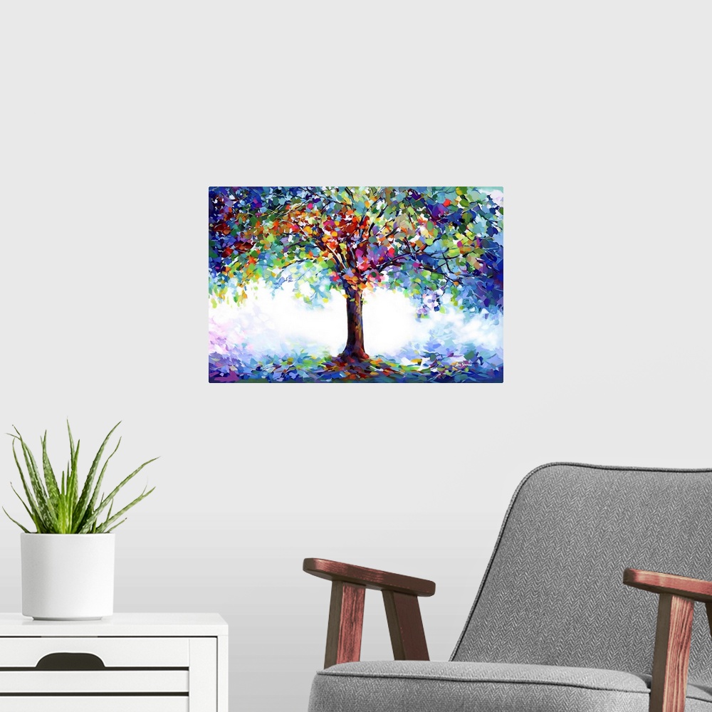 A modern room featuring Tree of Joy and Serenity