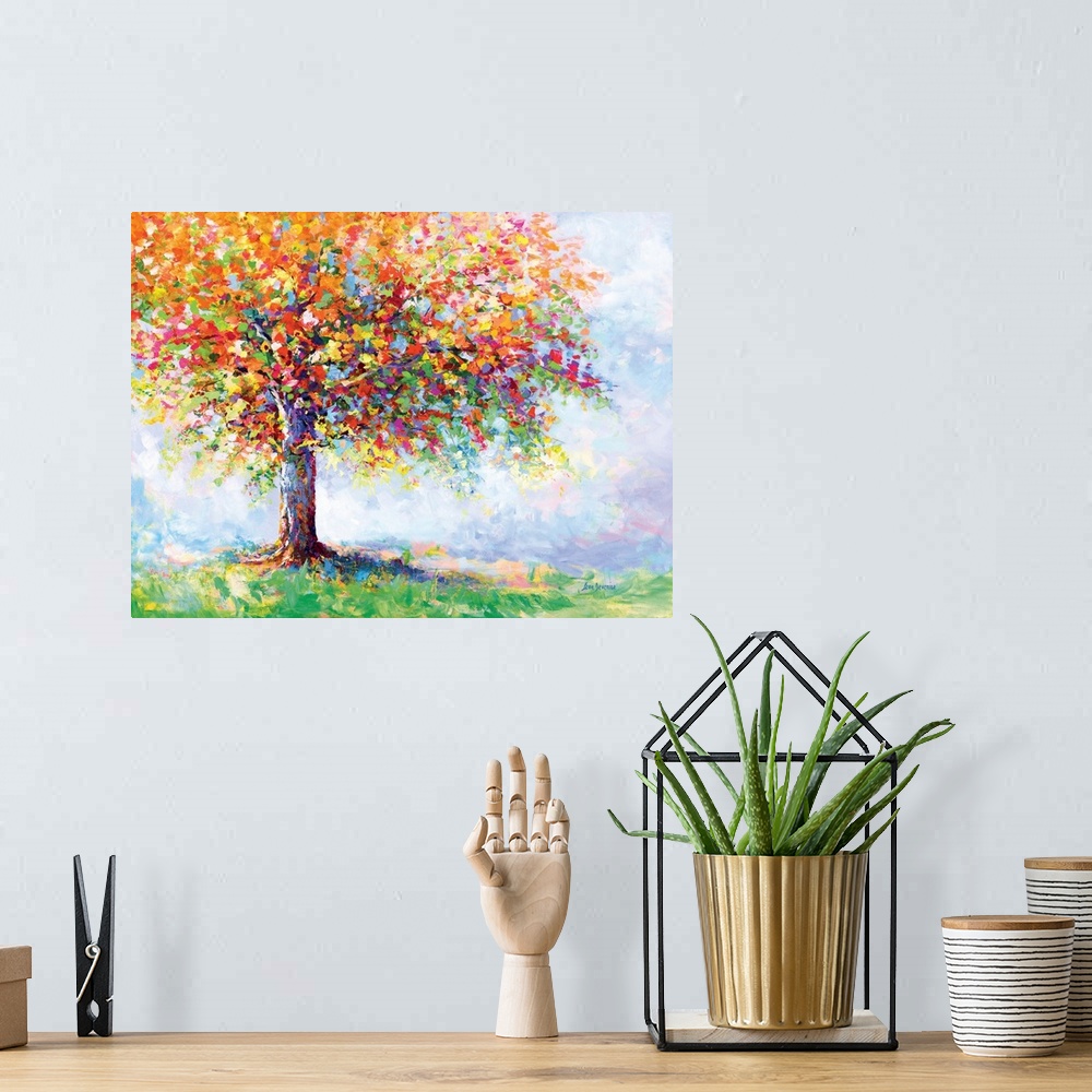 A bohemian room featuring Contemporary painting of a colorful tree.