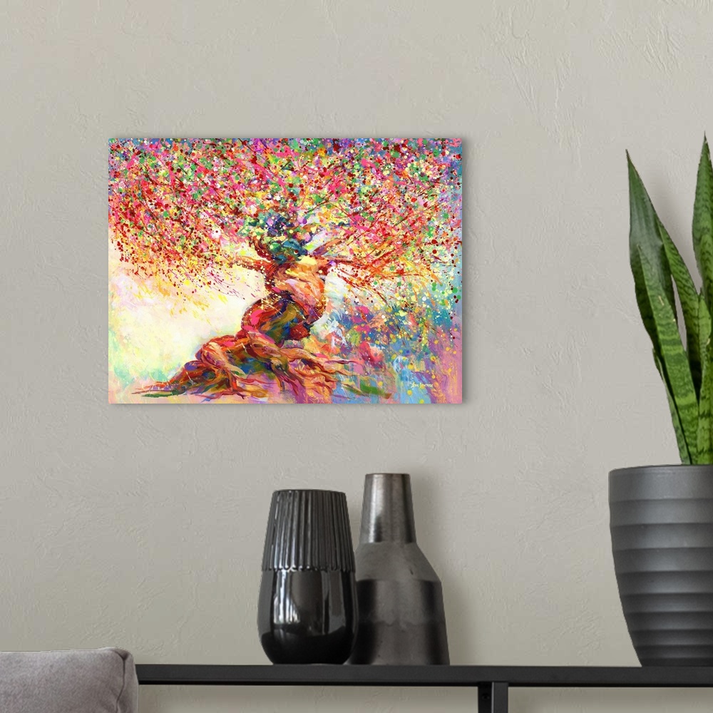 A modern room featuring Contemporary painting of a colorful tree.