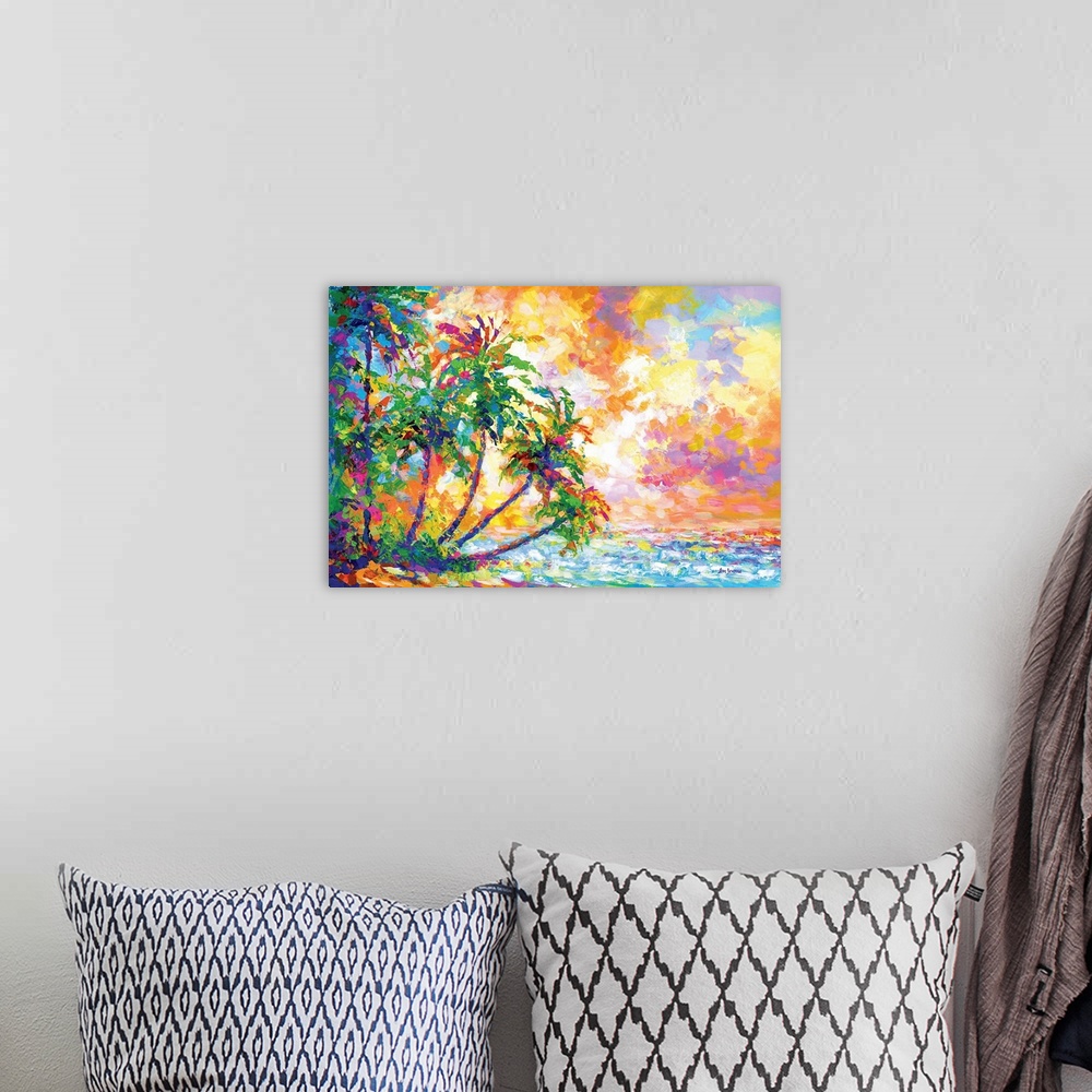 A bohemian room featuring Vibrant and colorful contemporary painting of a tropical beach with palm trees in Kauai, Hawaii.