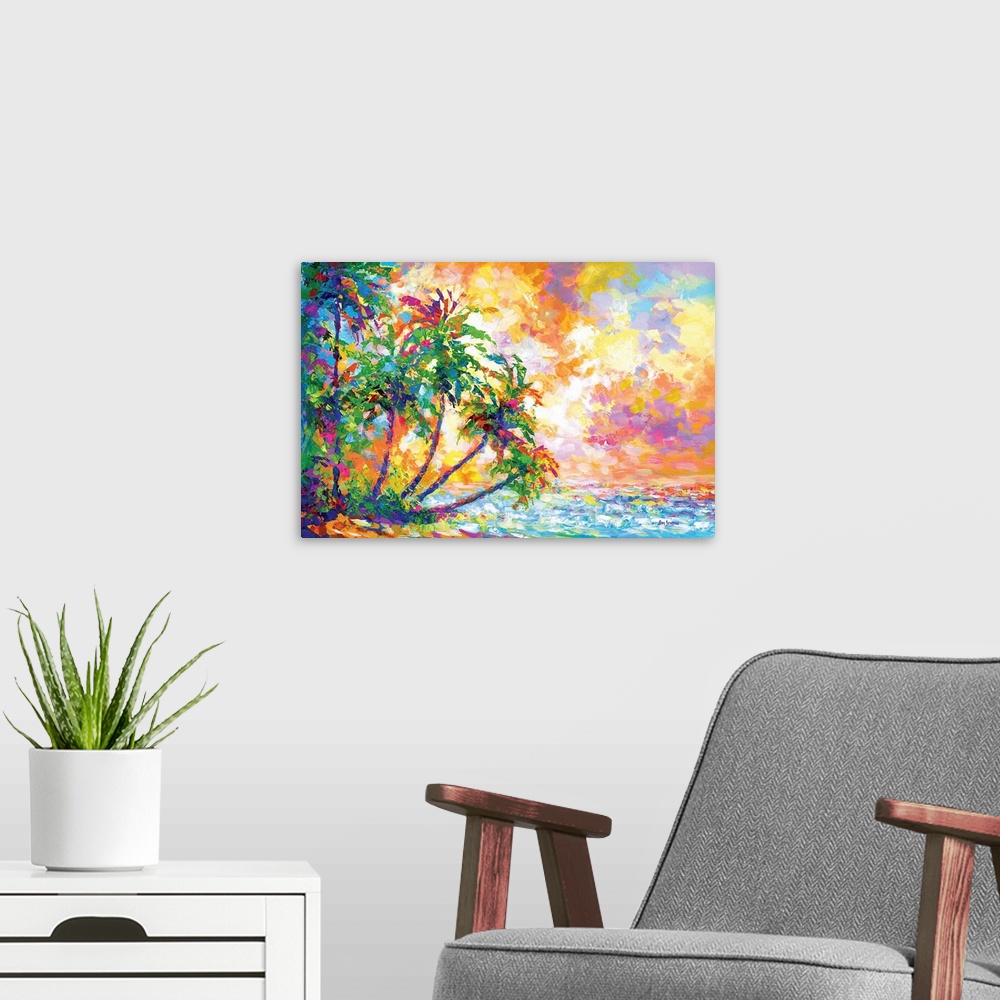 A modern room featuring Vibrant and colorful contemporary painting of a tropical beach with palm trees in Kauai, Hawaii.