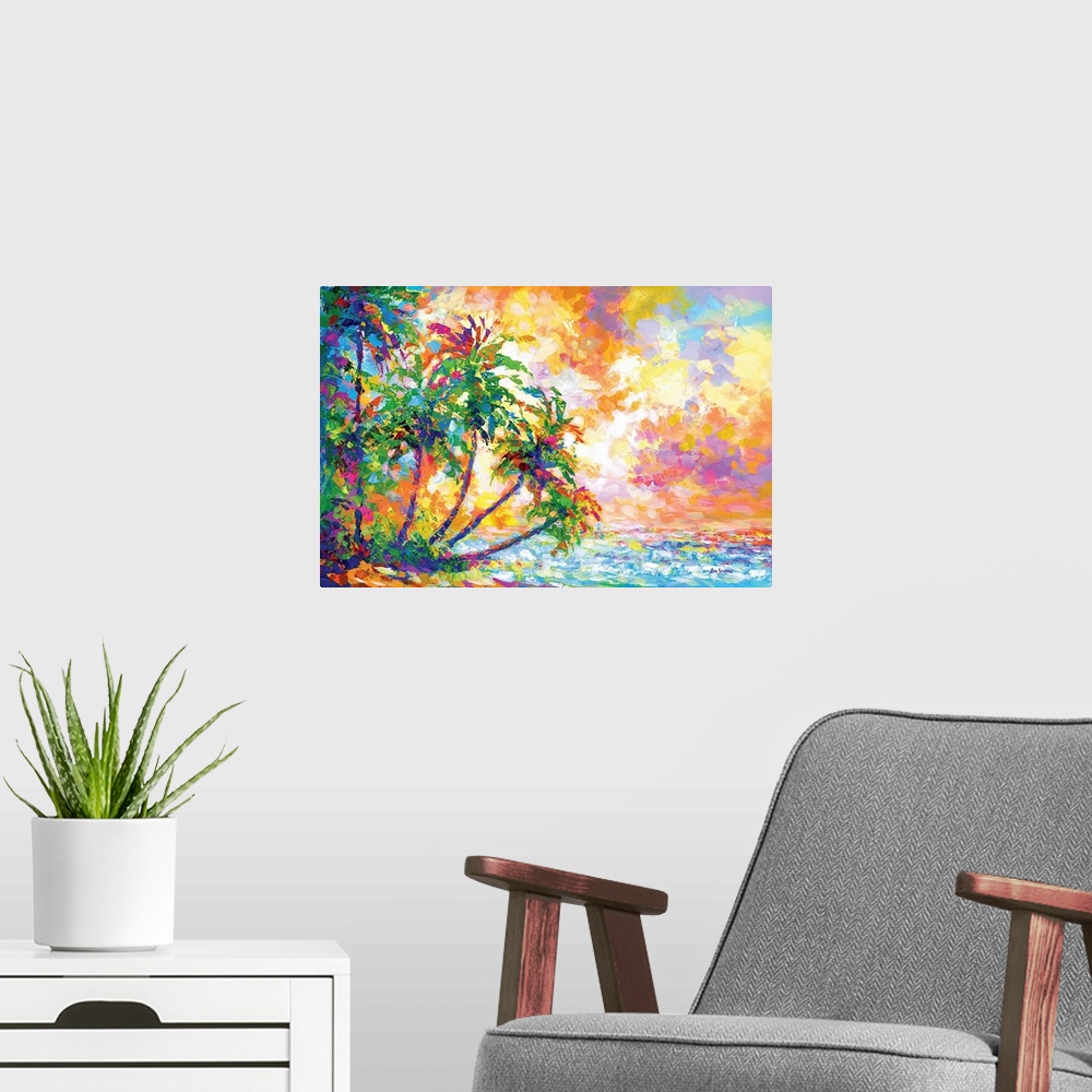 A modern room featuring Vibrant and colorful contemporary painting of a tropical beach with palm trees in Kauai, Hawaii.