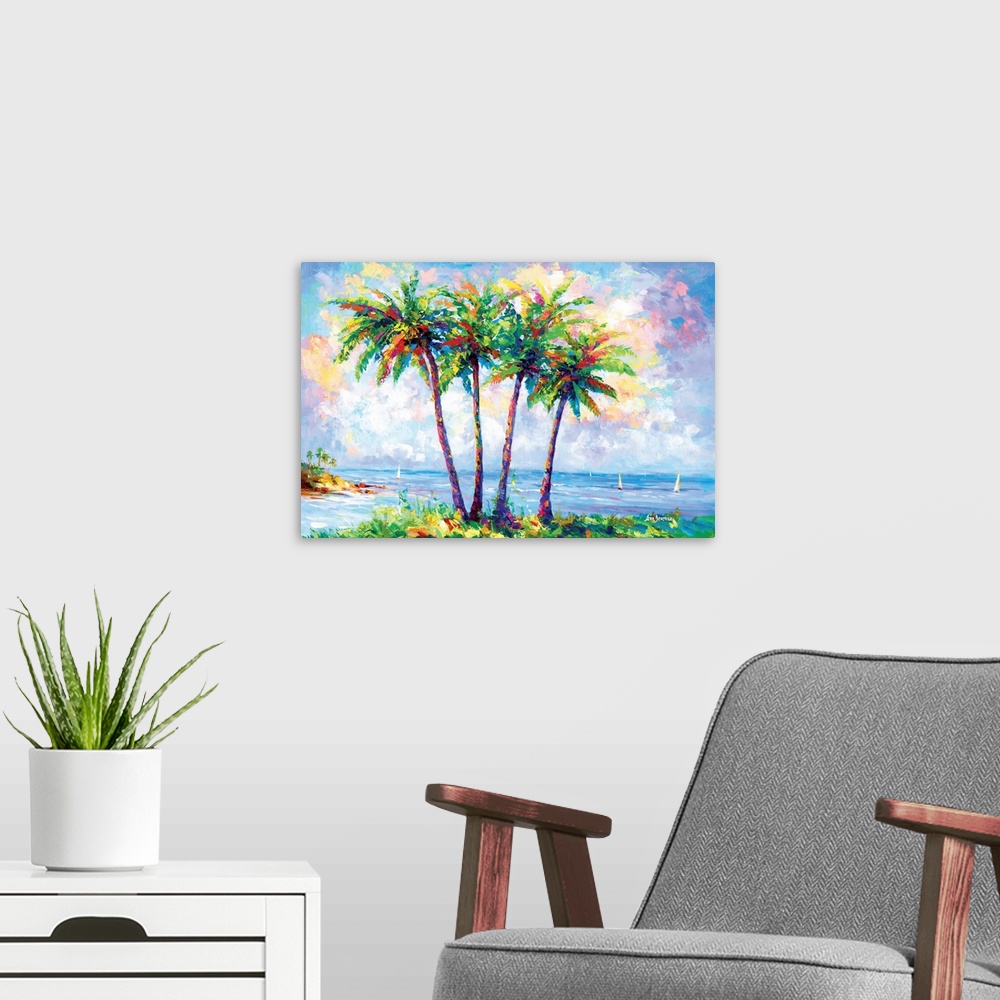 A modern room featuring Vibrant and colorful contemporary painting of a tropical beach with palm trees in Oahu, Hawaii.