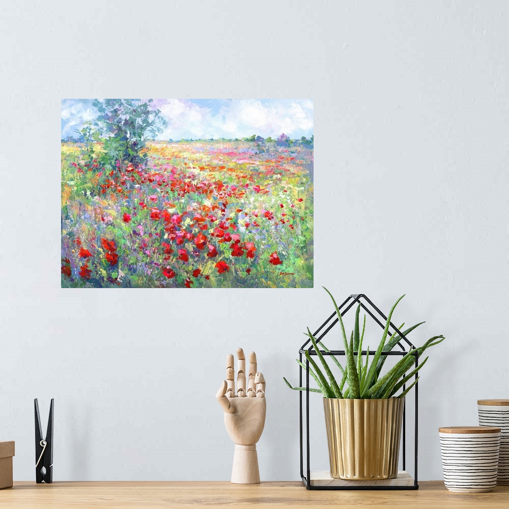 A bohemian room featuring Contemporary painting of a vibrant and colorful wildflower field in Tuscany, Italy.