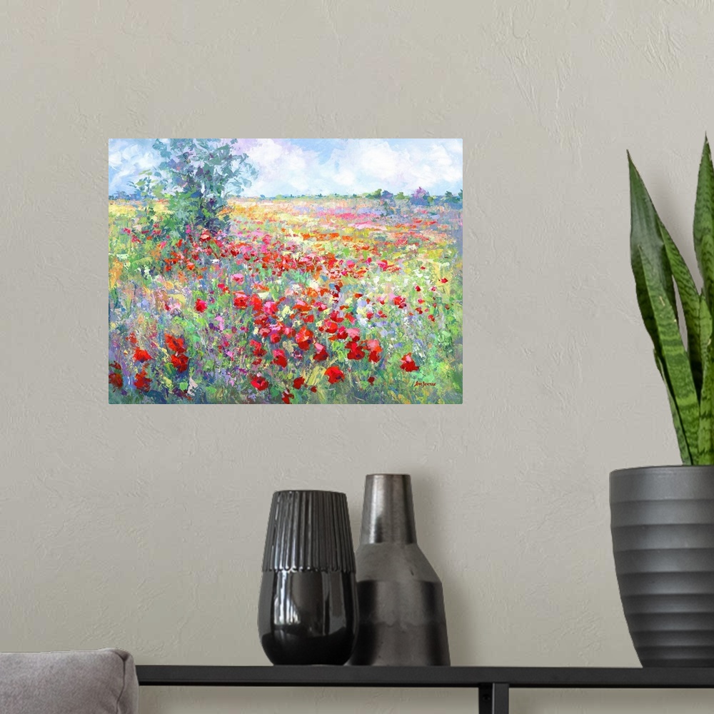 A modern room featuring Contemporary painting of a vibrant and colorful wildflower field in Tuscany, Italy.