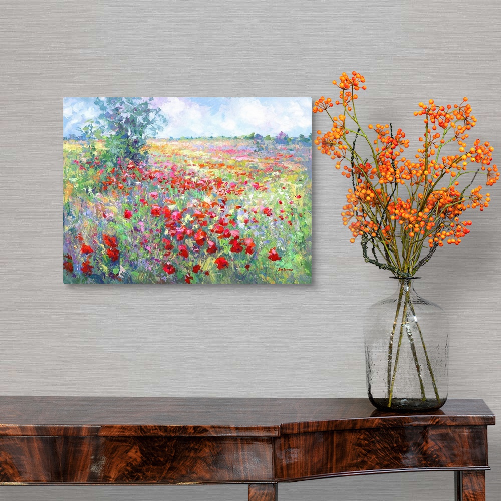A traditional room featuring Contemporary painting of a vibrant and colorful wildflower field in Tuscany, Italy.