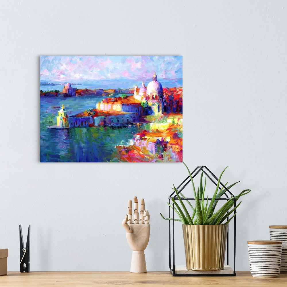 A bohemian room featuring Contemporary painting of Venice, Italy in bright colors.