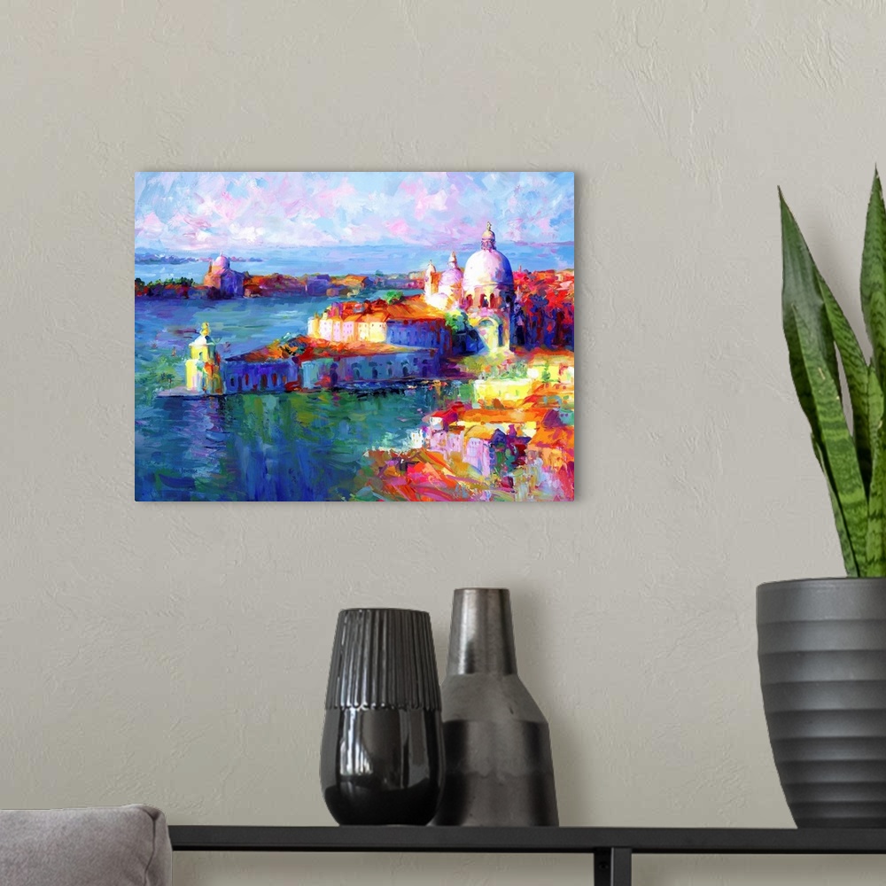 A modern room featuring Contemporary painting of Venice, Italy in bright colors.