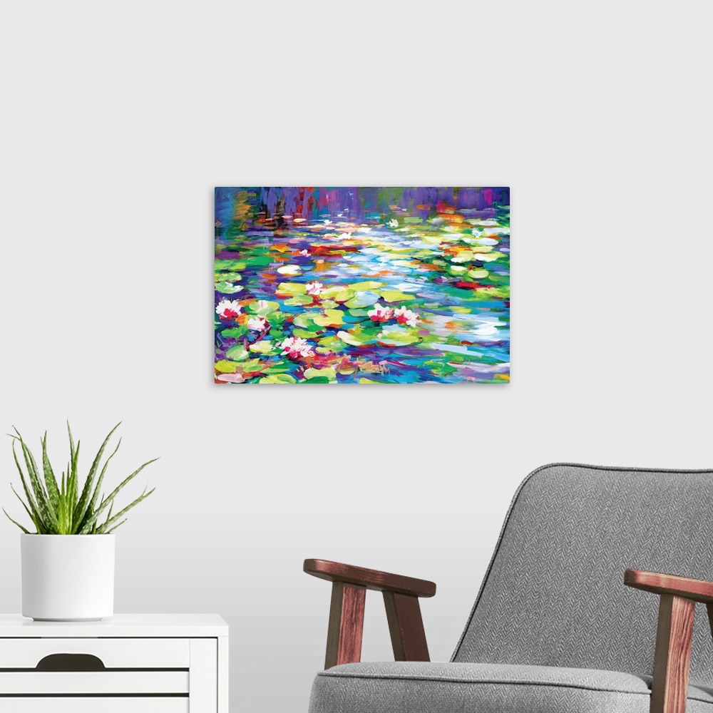 A modern room featuring Water Lilies