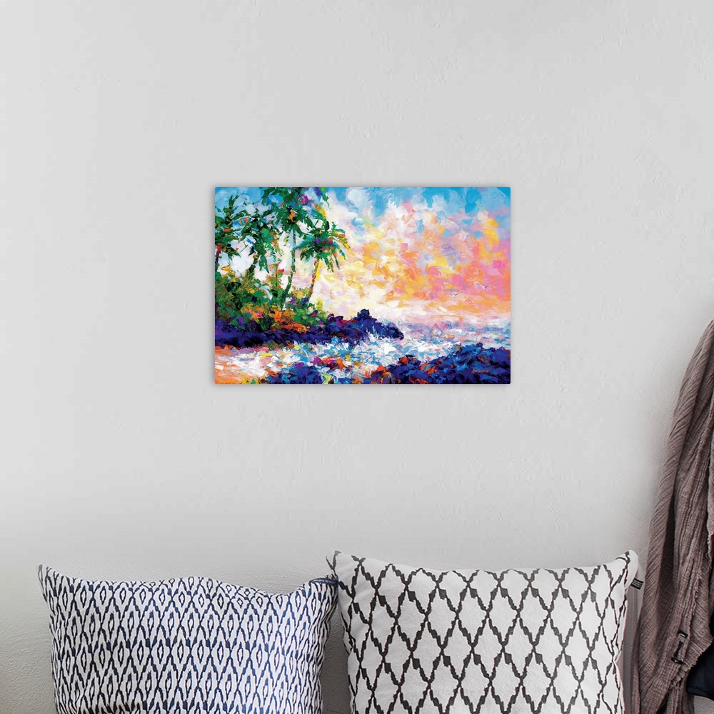 A bohemian room featuring Vibrant and colorful contemporary painting of waves on a tropical beach with palm trees in Maui, ...