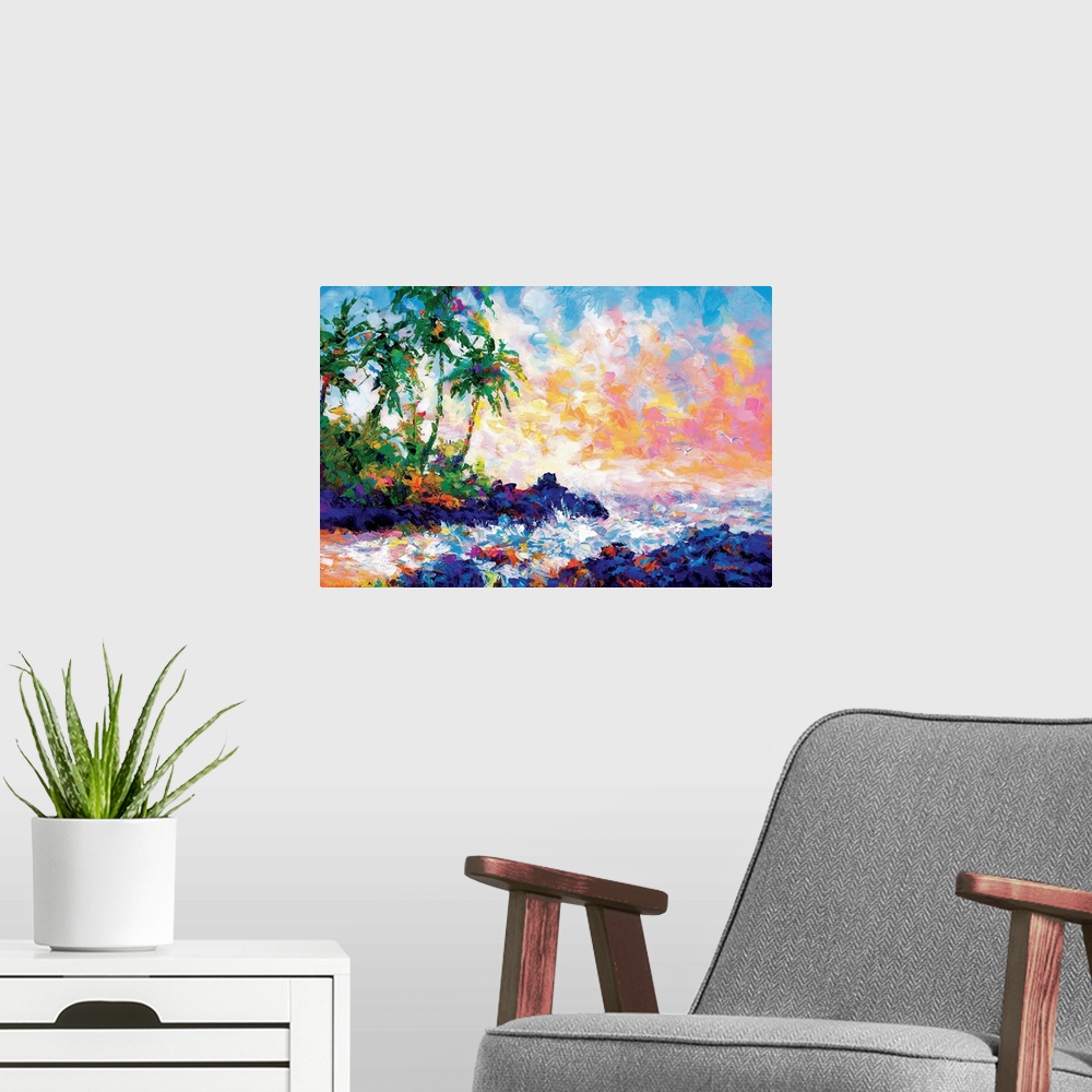 A modern room featuring Vibrant and colorful contemporary painting of waves on a tropical beach with palm trees in Maui, ...