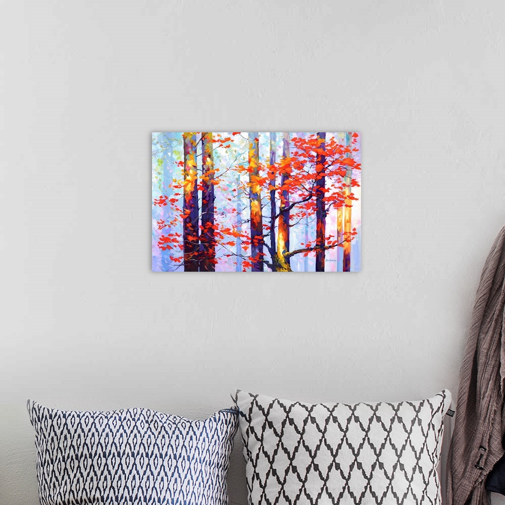 A bohemian room featuring This contemporary piece captures a serene autumnal forest scene, where the trees stand tall in a ...