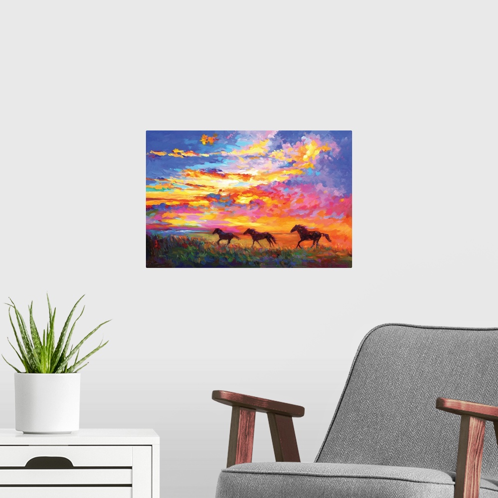 A modern room featuring Wild Horses Running At Sunset