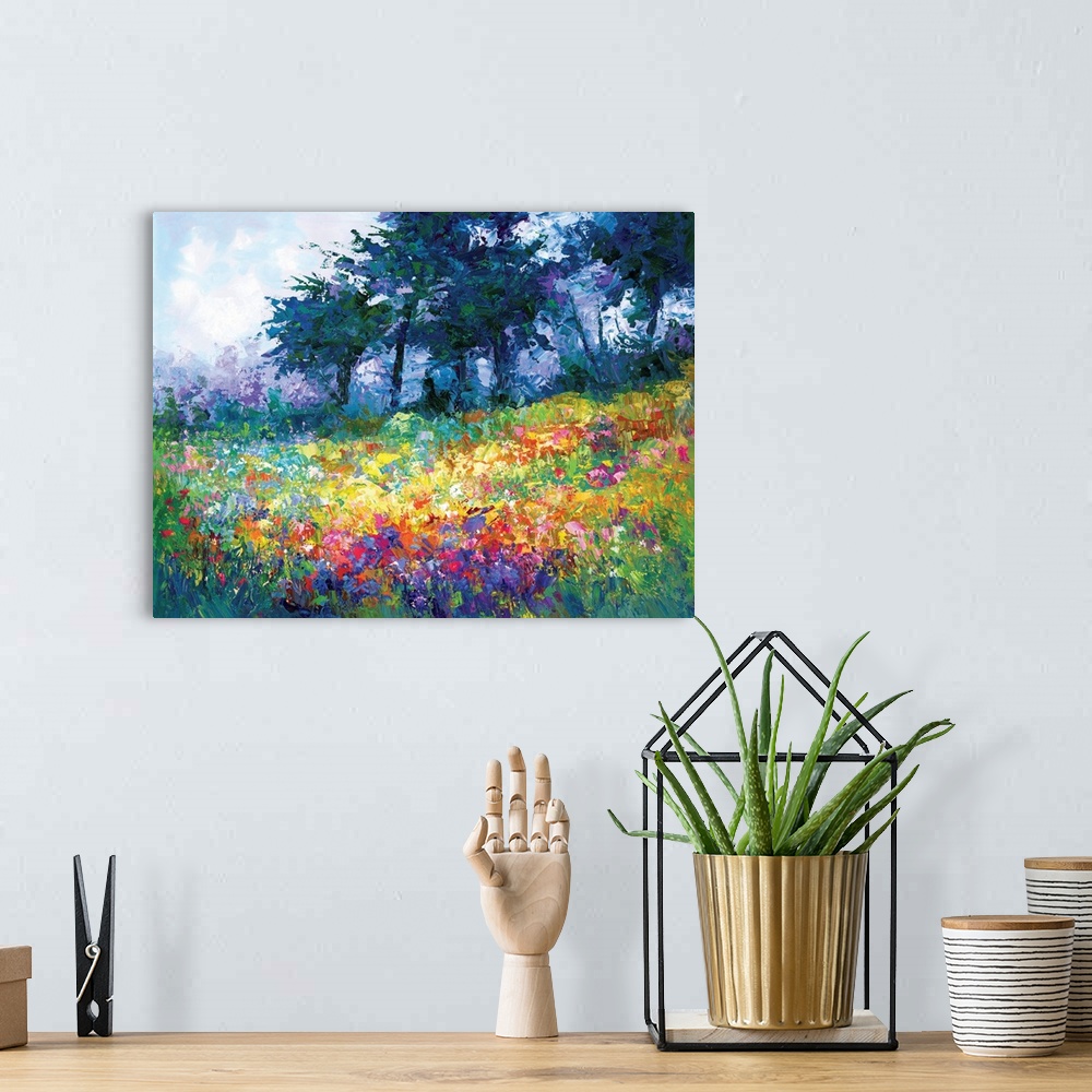 A bohemian room featuring Contemporary landscape painting of wildflowers in bloom in the style of abstract impressionism. T...