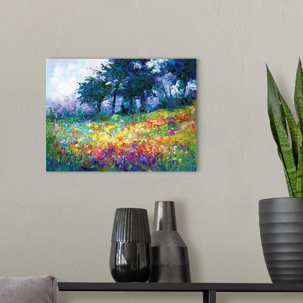 A modern room featuring Contemporary landscape painting of wildflowers in bloom in the style of abstract impressionism. T...