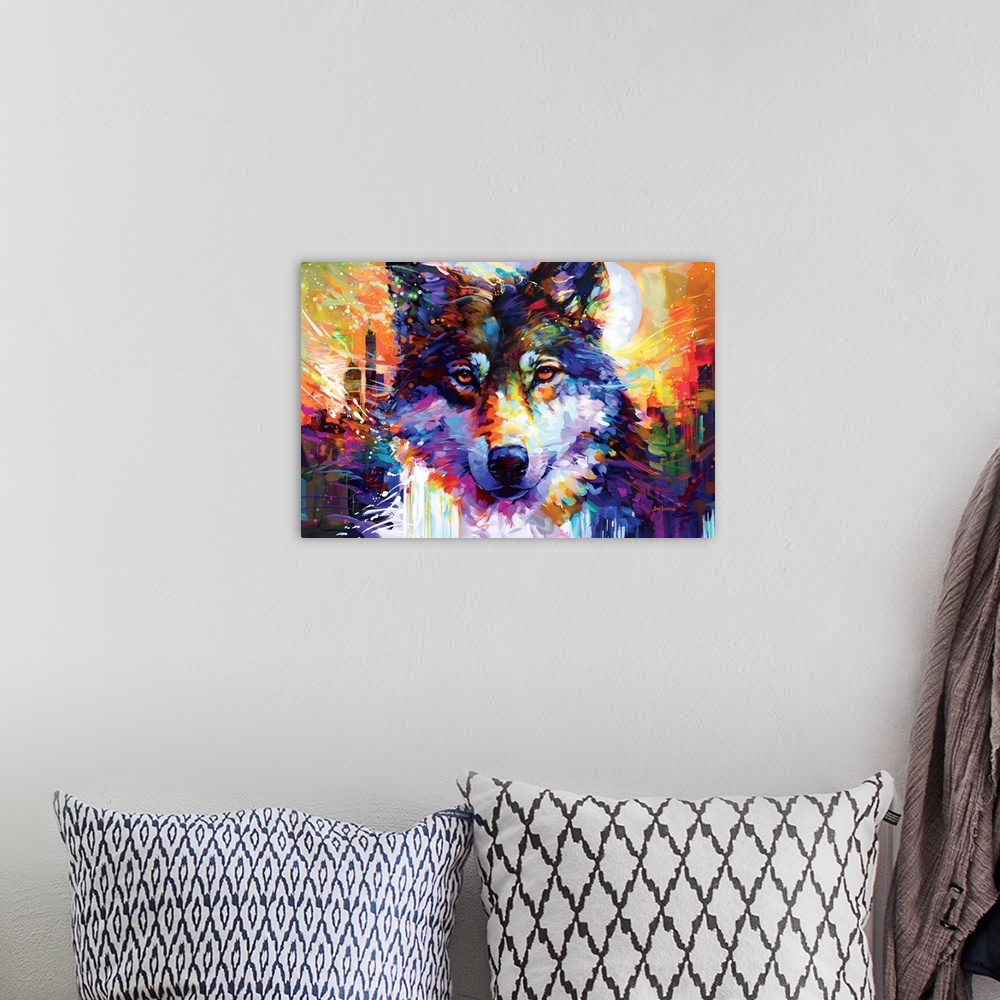 A bohemian room featuring This vibrant portrait captures a wolf's gaze against a cityscape backdrop, merging wild instinct ...