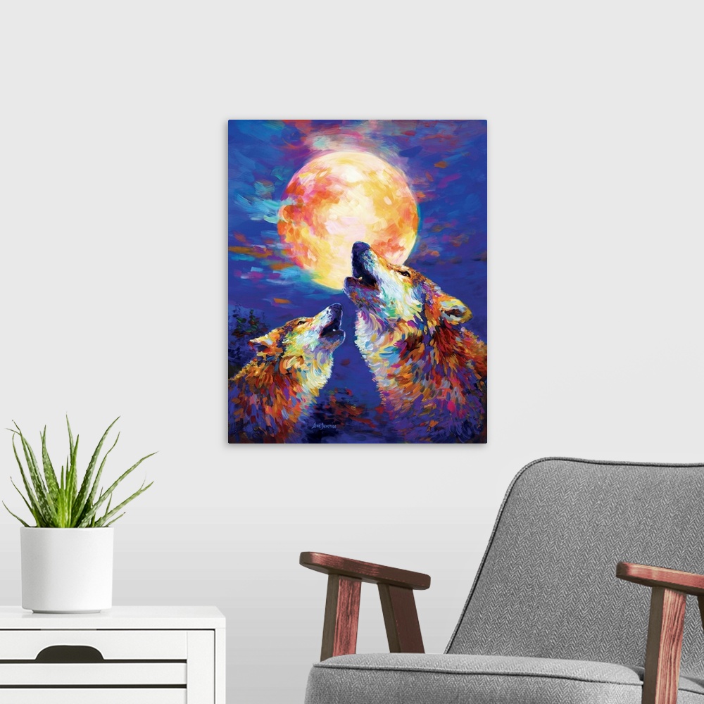 A modern room featuring Contemporary painting of two colorful wolves howling at the full moon at night.