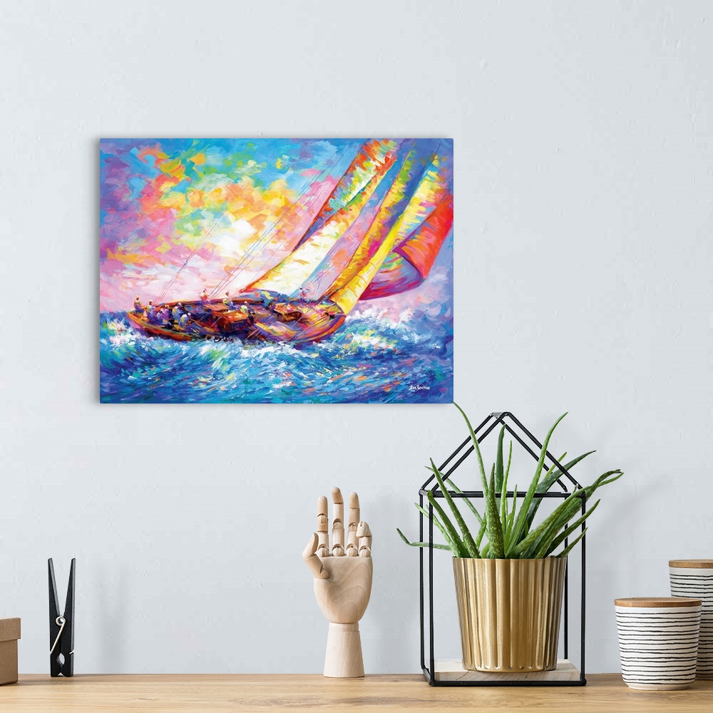 A bohemian room featuring A vibrant and colorful painting of a sailboat crew racing on ocean waves in the style of contempo...