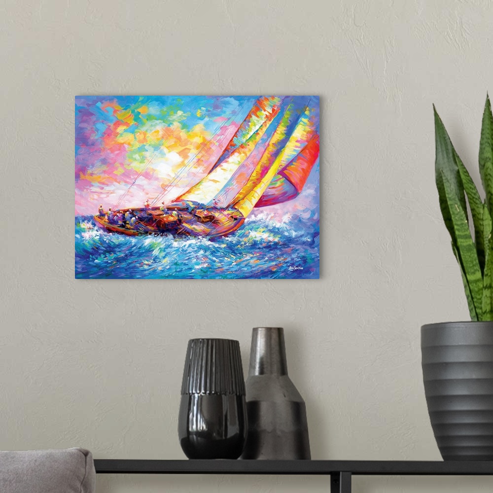 A modern room featuring A vibrant and colorful painting of a sailboat crew racing on ocean waves in the style of contempo...