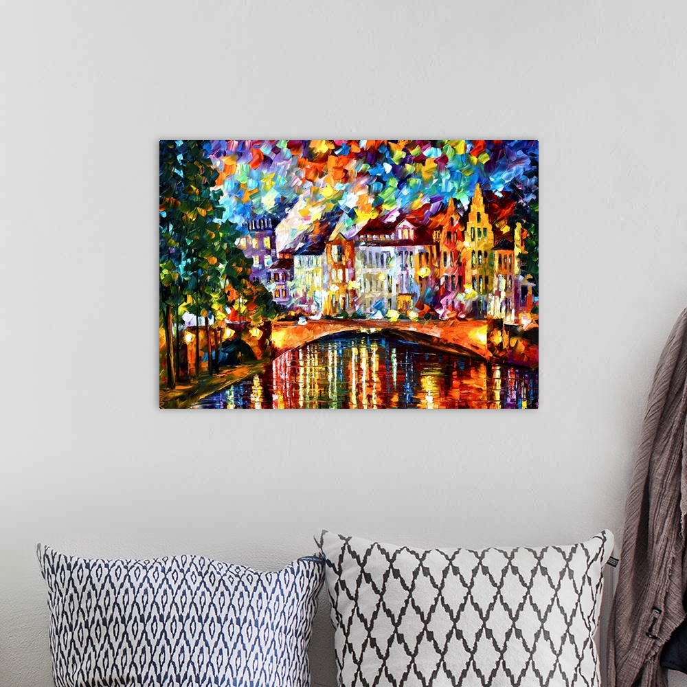 A bohemian room featuring Brightly colored abstract painting of Amsterdam with short thick brush strokes on canvas.