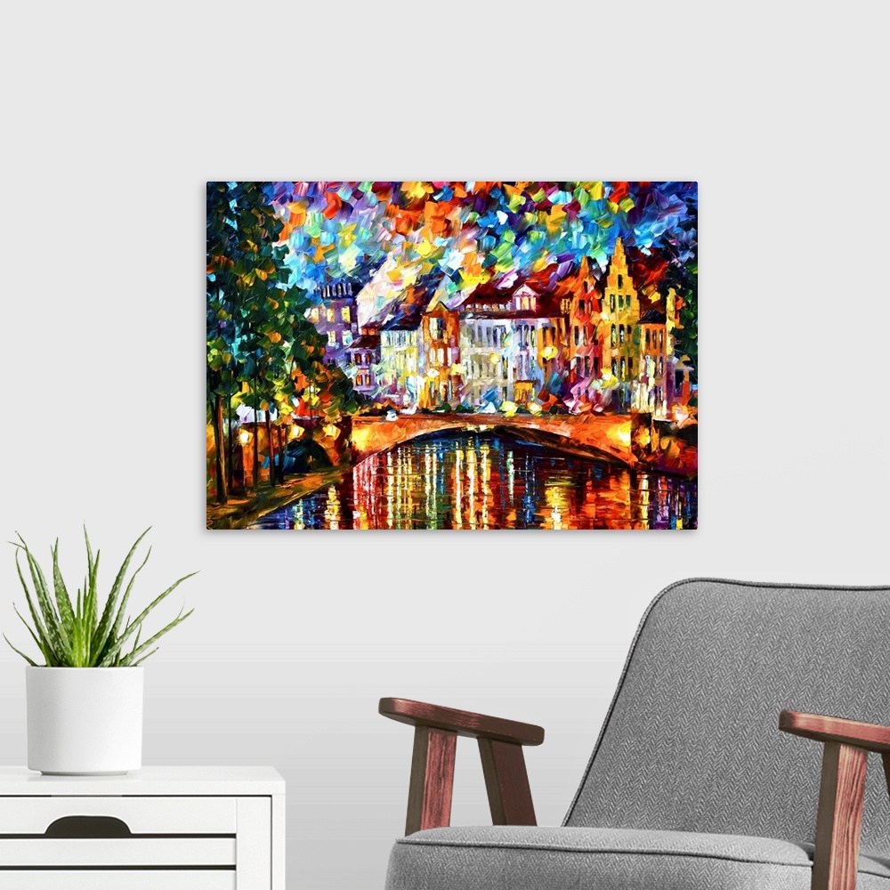 A modern room featuring Brightly colored abstract painting of Amsterdam with short thick brush strokes on canvas.