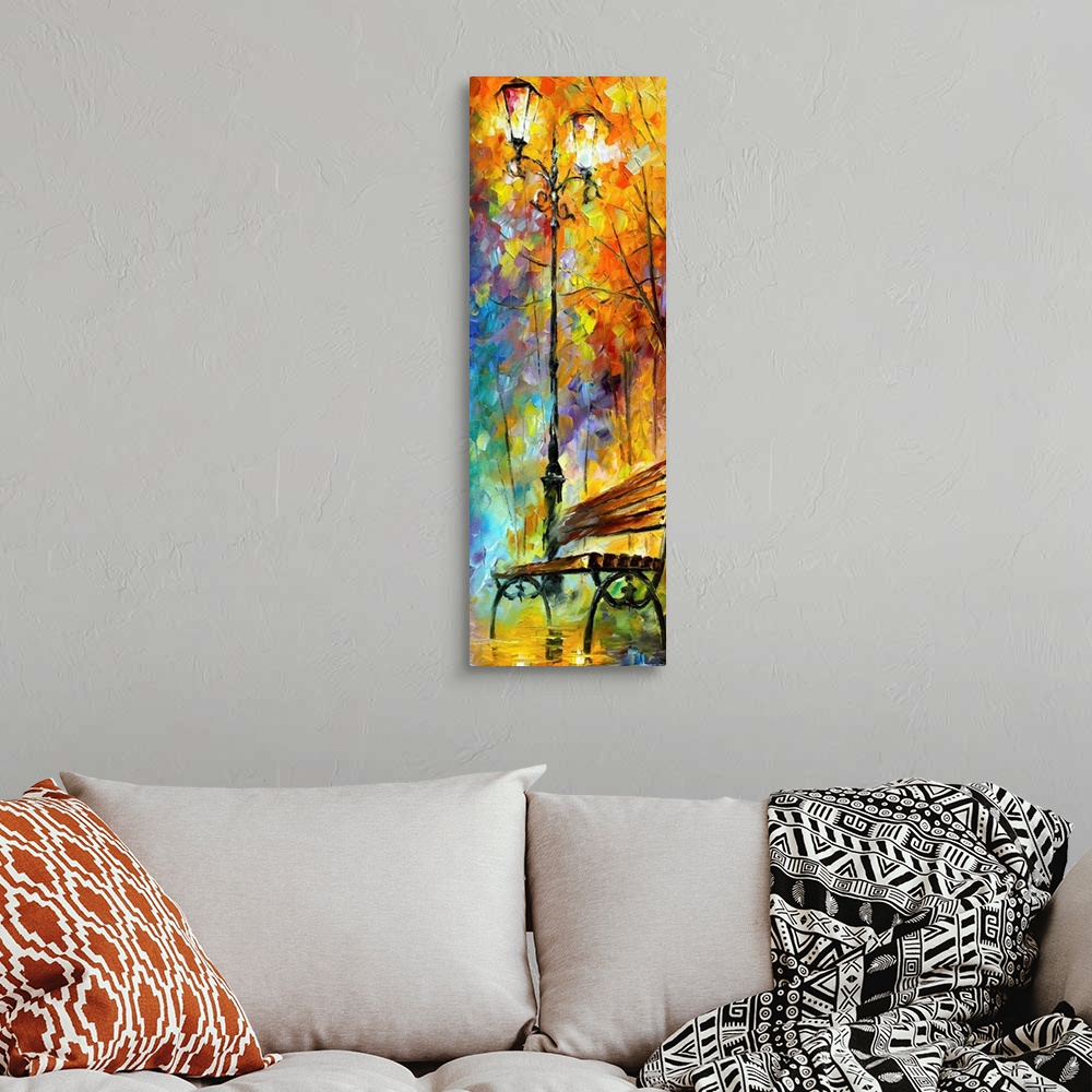A bohemian room featuring This large vertical piece is a painting of a bench and a street lamp with an array of colors pain...