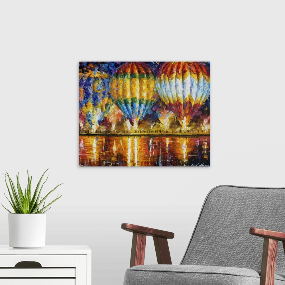 A modern room featuring Contemporary colorful painting of massive hot air balloons hovering over a reflective river.