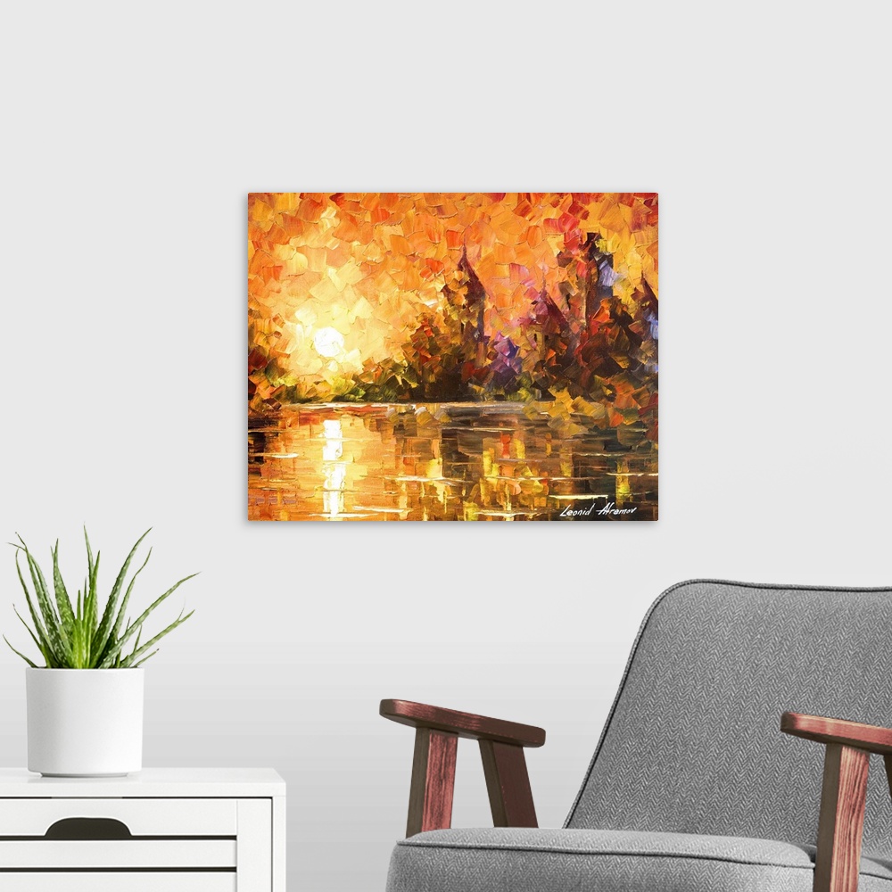 A modern room featuring Contemporary colorful painting of the sun setting over a castle next to a still river.