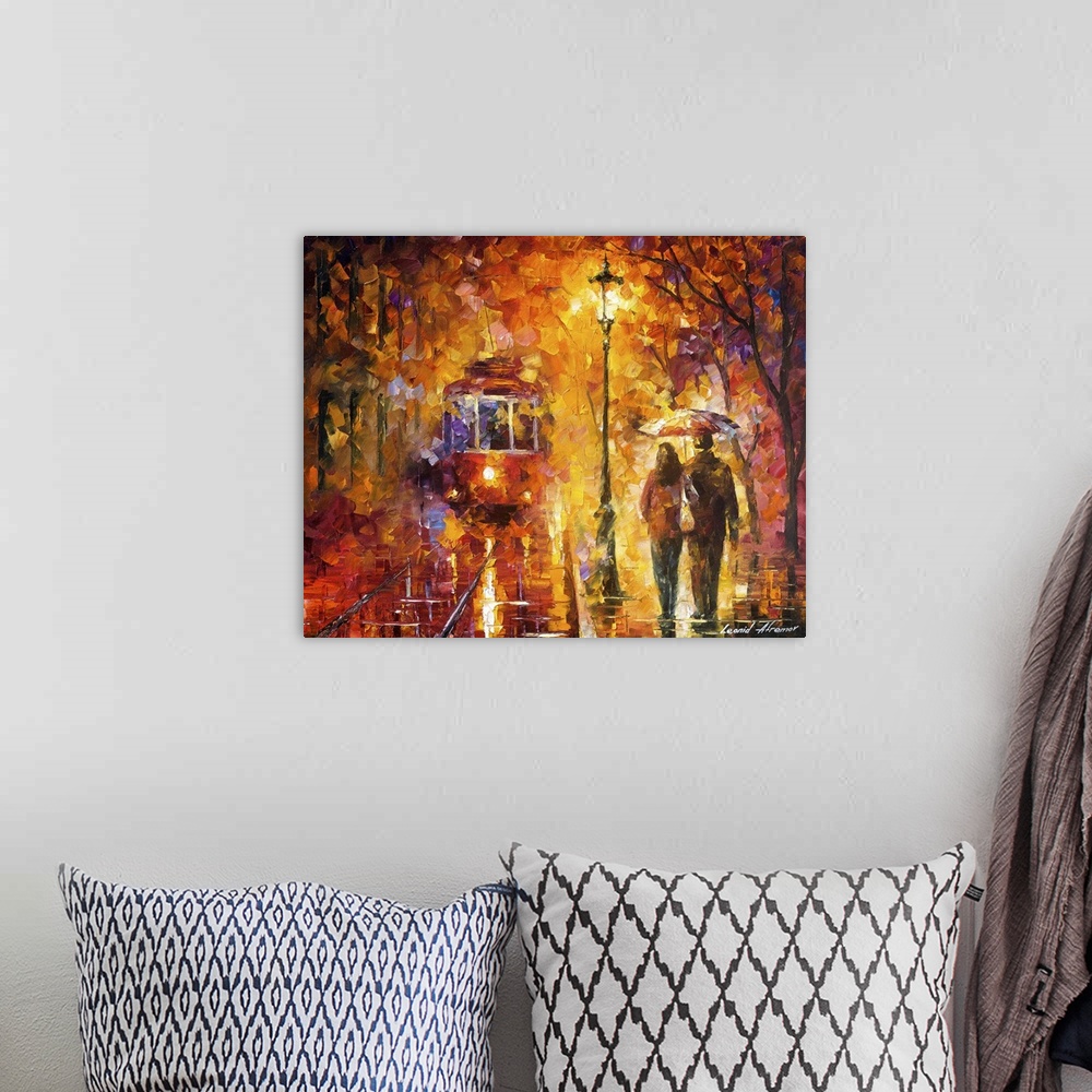 A bohemian room featuring Contemporary colorful painting of a couple sharing an umbrella walking down a sidewalk in the rain.
