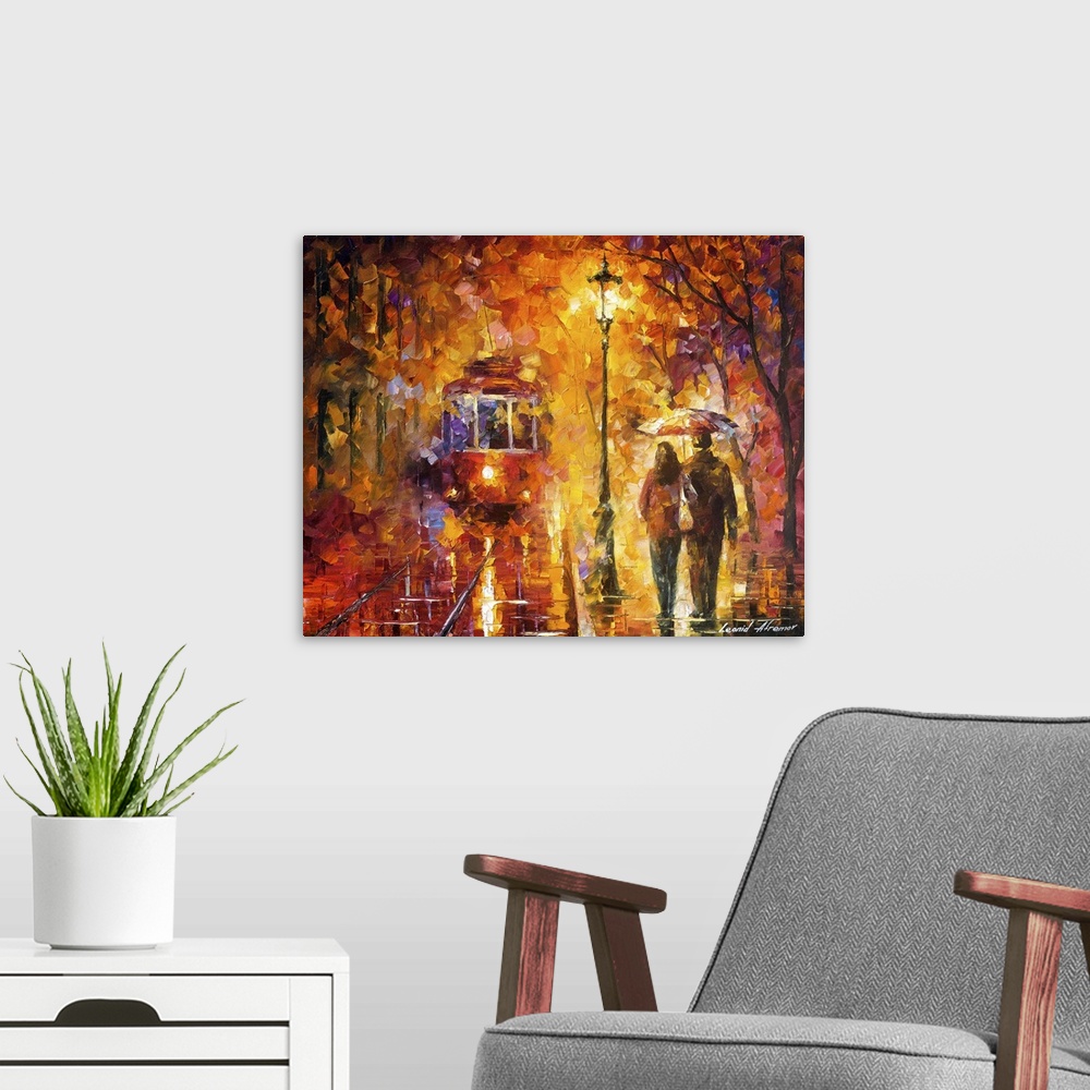 A modern room featuring Contemporary colorful painting of a couple sharing an umbrella walking down a sidewalk in the rain.