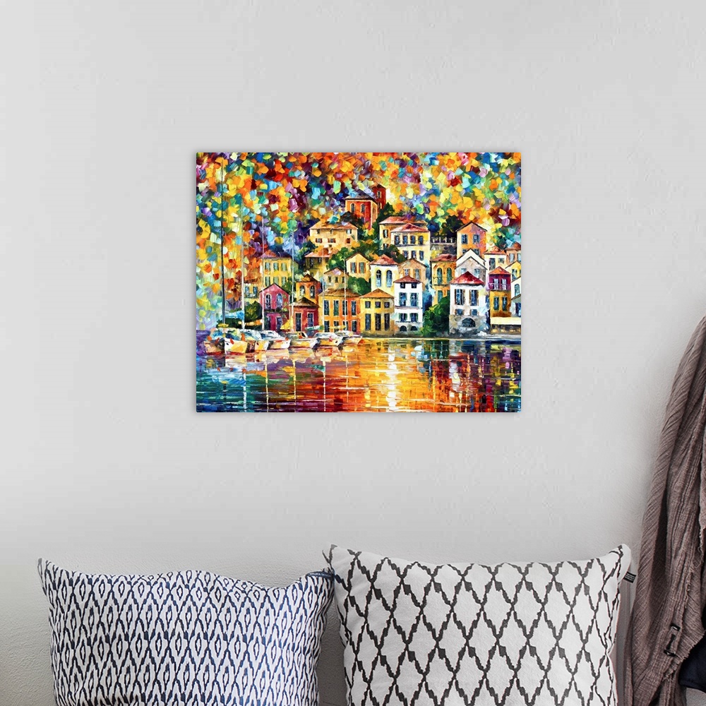 A bohemian room featuring A contemporary painting that makes use of a saturated rainbow of colors to show a harbor with sai...