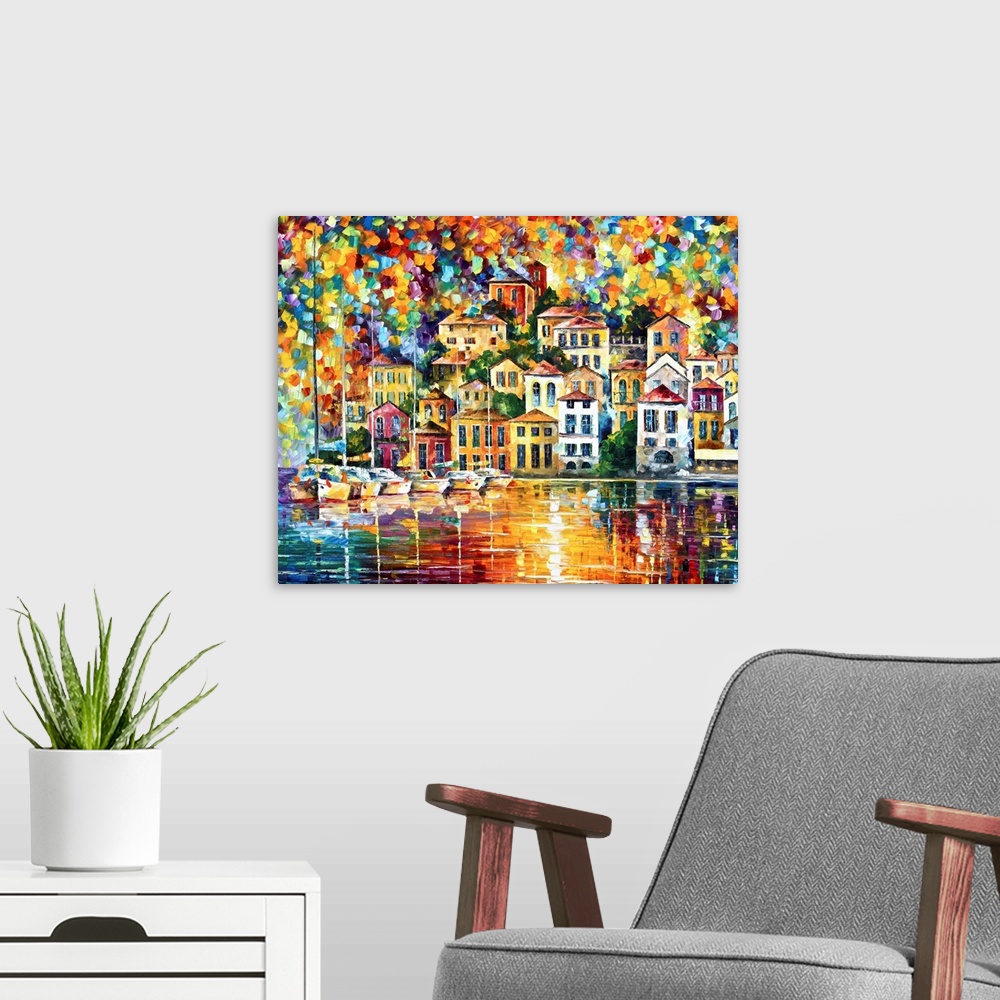 A modern room featuring A contemporary painting that makes use of a saturated rainbow of colors to show a harbor with sai...