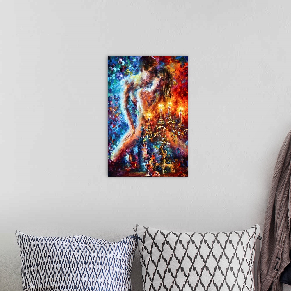 A bohemian room featuring Vertical abstract painting of a couple in an erotic pose with candles and wine glasses.