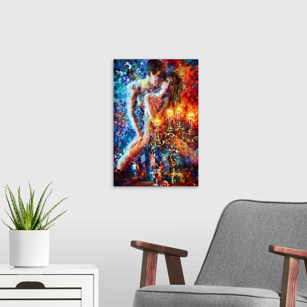 A modern room featuring Vertical abstract painting of a couple in an erotic pose with candles and wine glasses.