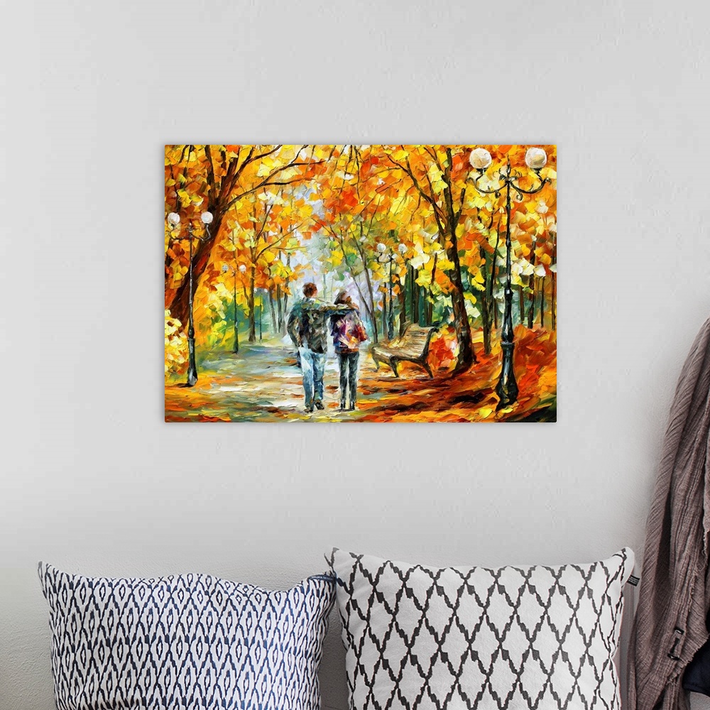 A bohemian room featuring Painting of a couple walking through the park on a pathway lined with trees covered in fall folia...