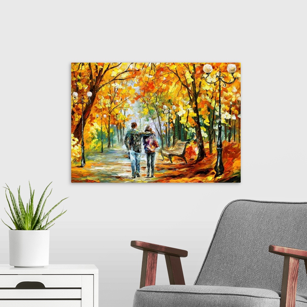 A modern room featuring Painting of a couple walking through the park on a pathway lined with trees covered in fall folia...