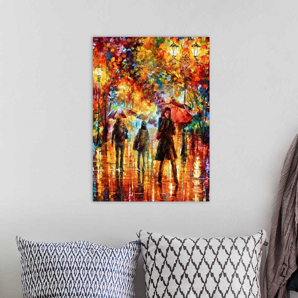 A bohemian room featuring Portrait, oversized, multicolored wall painting of several figures walking at night with umbrella...