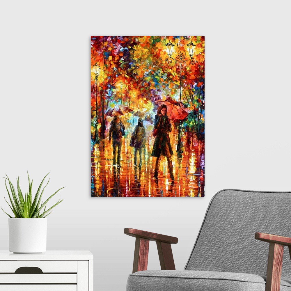 A modern room featuring Portrait, oversized, multicolored wall painting of several figures walking at night with umbrella...