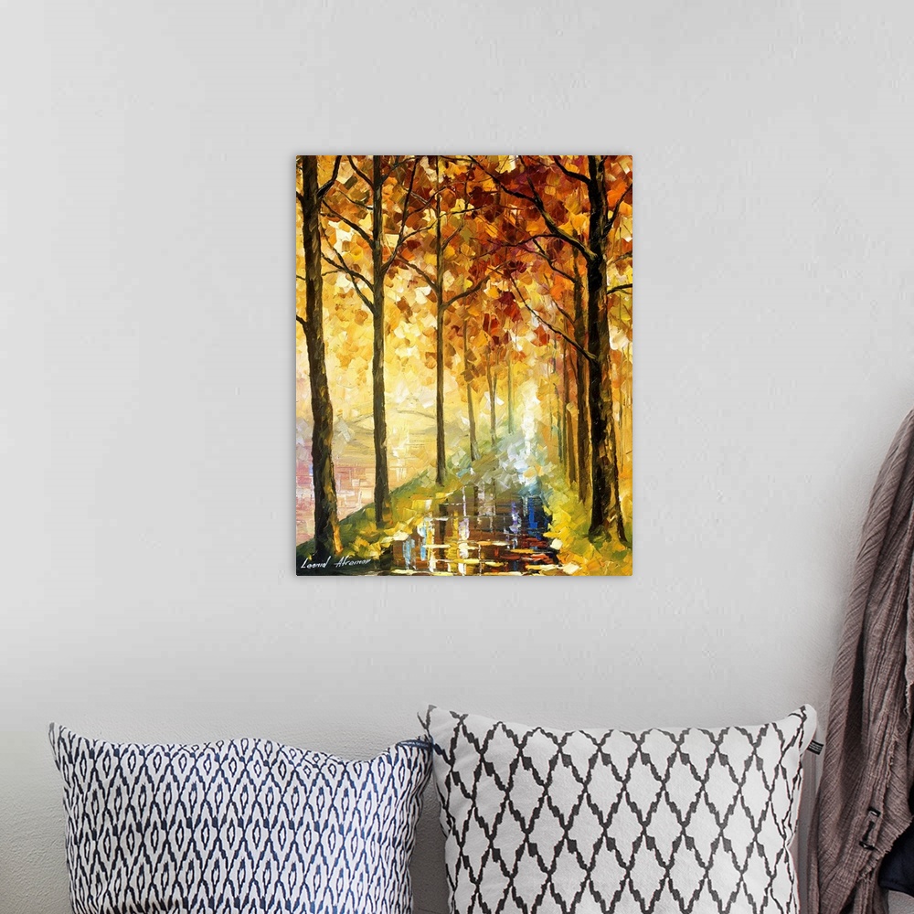 A bohemian room featuring Contemporary painting of a tree line road wet and reflective after an autumn rain.