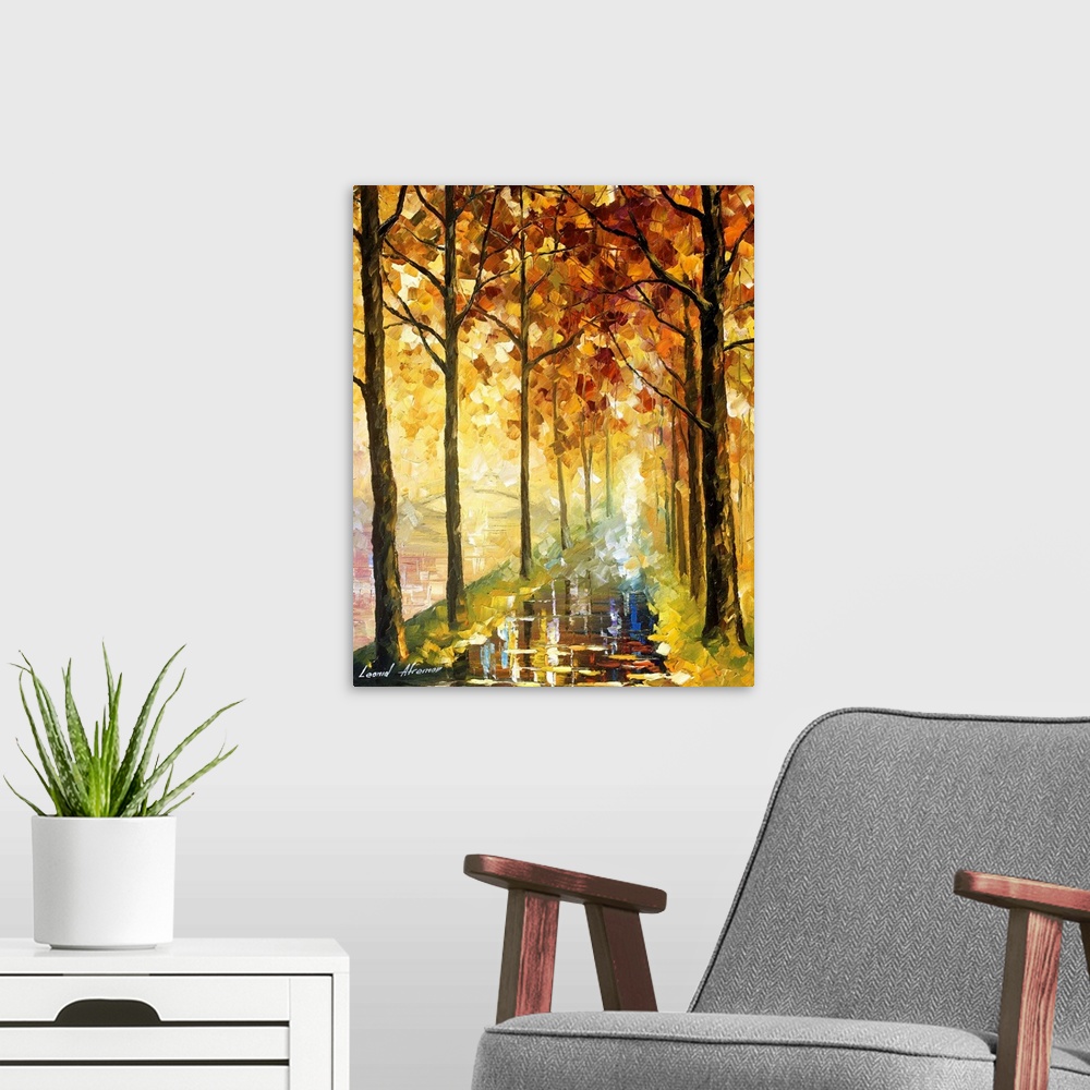 A modern room featuring Contemporary painting of a tree line road wet and reflective after an autumn rain.