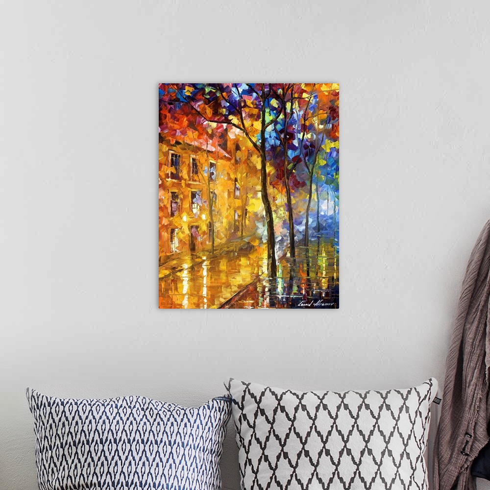 A bohemian room featuring Contemporary painting of an urban road wet from a rain, with trees lining the sidewalk.