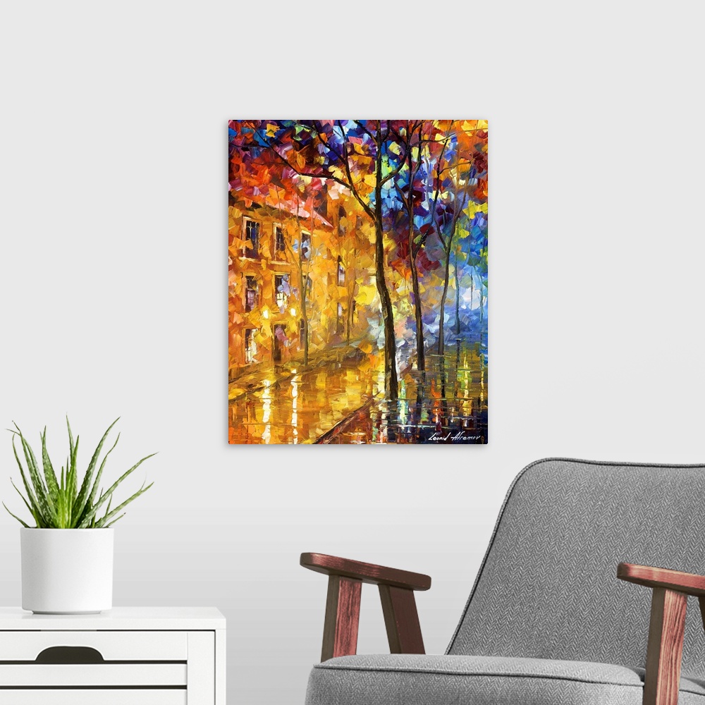 A modern room featuring Contemporary painting of an urban road wet from a rain, with trees lining the sidewalk.