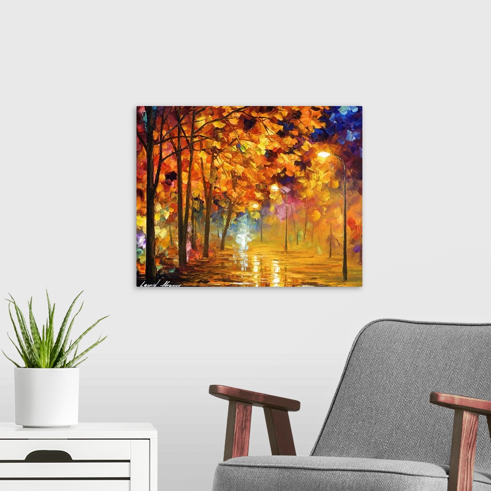 A modern room featuring Contemporary colorful painting of a wet reflective road under trees with autumn foliage and light...