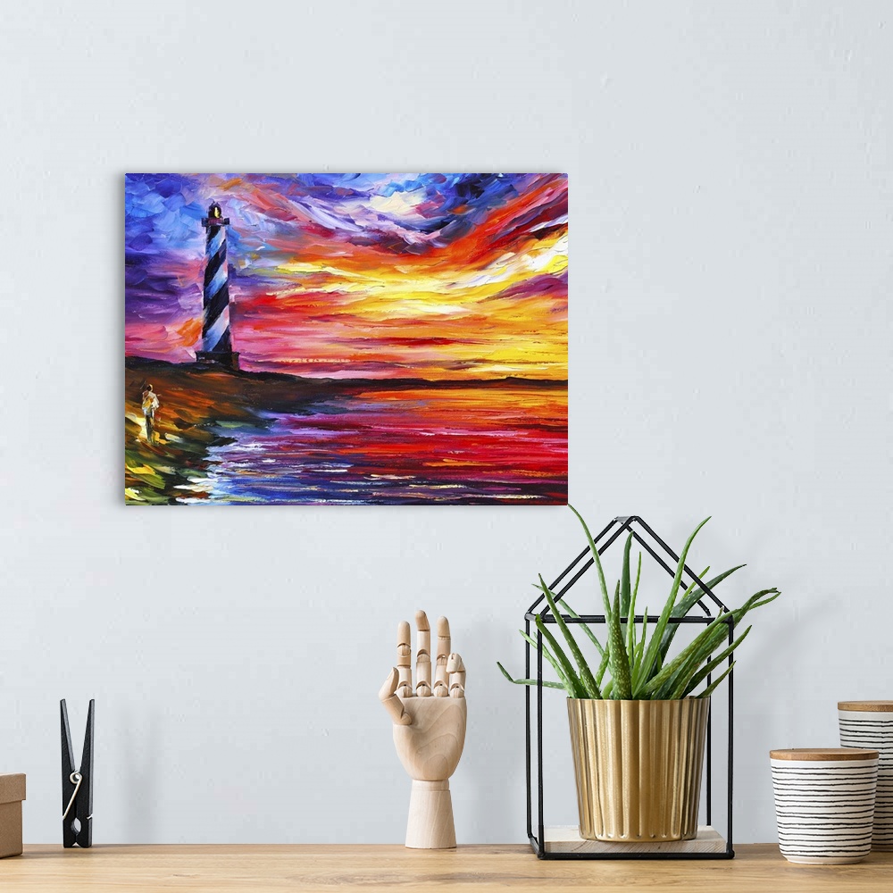 A bohemian room featuring Abstract painting with big brush strokes of a lighthouse by the ocean with a person standing on t...