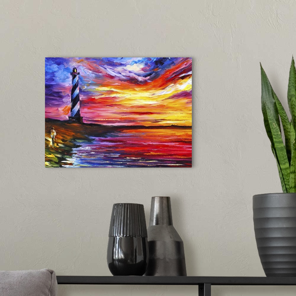 A modern room featuring Abstract painting with big brush strokes of a lighthouse by the ocean with a person standing on t...