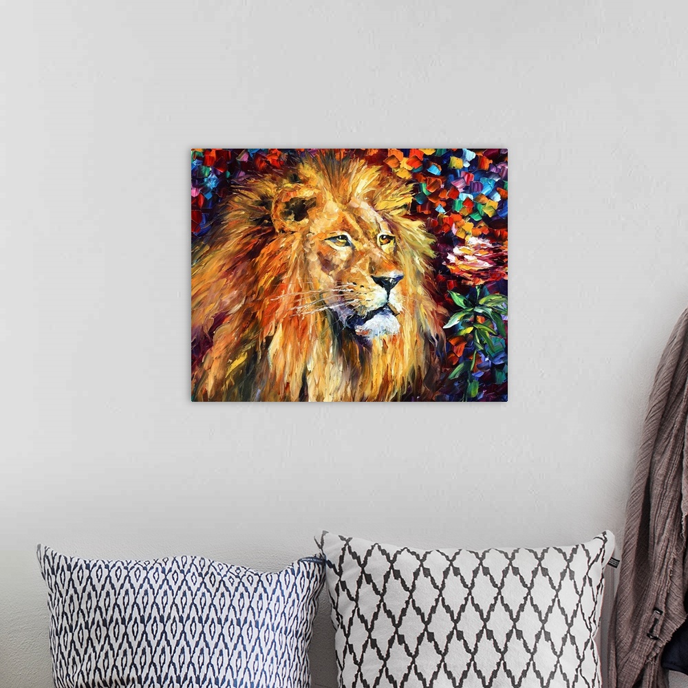 A bohemian room featuring Contemporary painting of wildcat's face, head and mane with a multicolored background made from p...